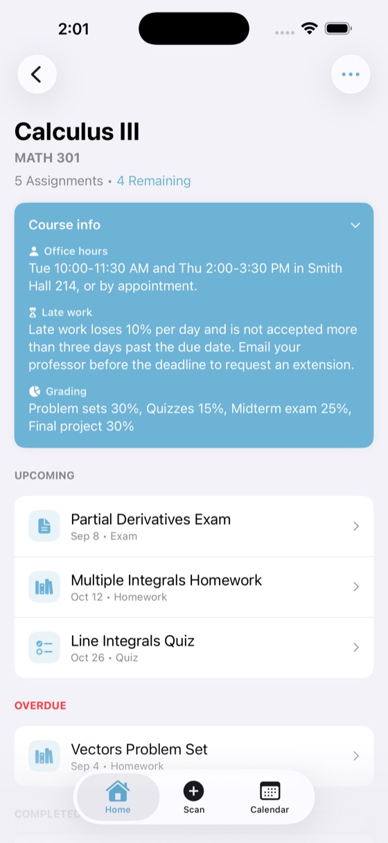 Course page showing office hours, late work policy and grading breakdown
