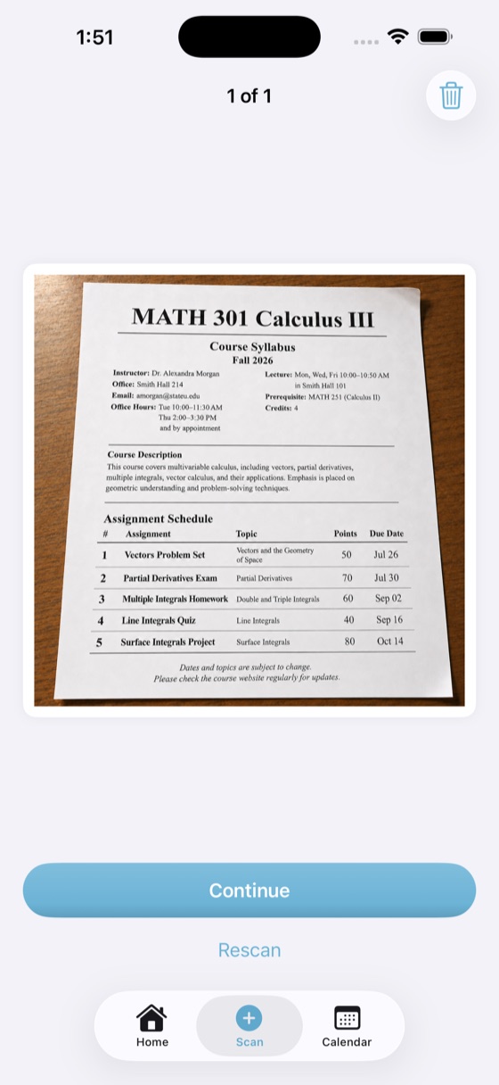 Scanning a printed Calculus III syllabus with the camera