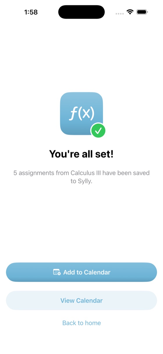 Confirmation that five assignments were saved, with an Add to Calendar button